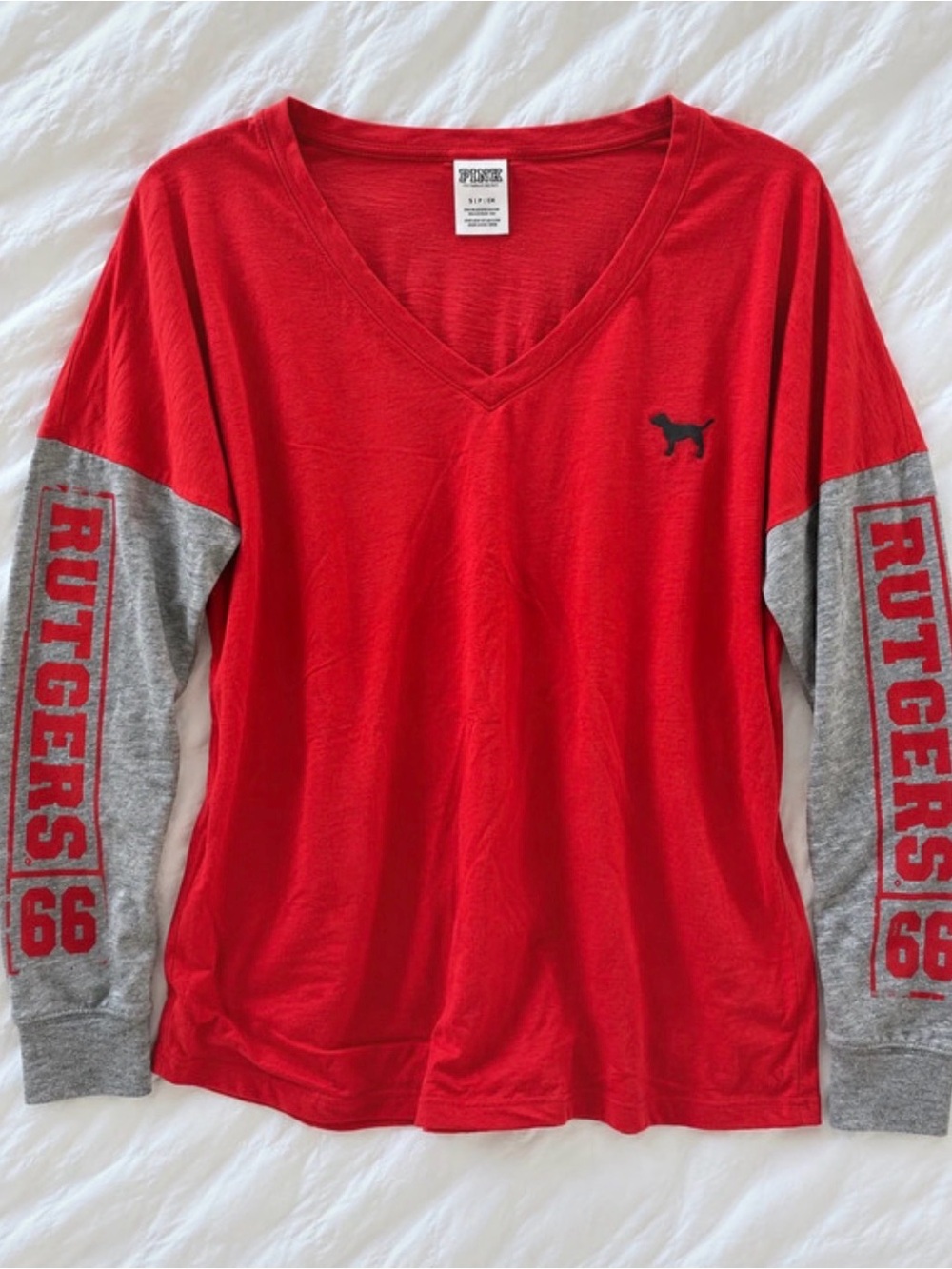 PINK Victoria's Secret Rutgers Red V-Neck Long Sleeve Tee Grey Sleeves